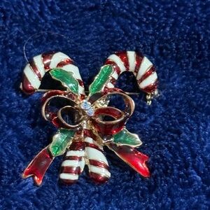 Christmas Candy Cane Brooch Pin Holiday‎ Bow Red White Green Rhinestone
